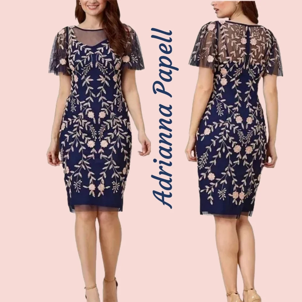 Adrianna Papell Navy With Blush Beaded Knee Length Dress Sz 8 Formal Wedding